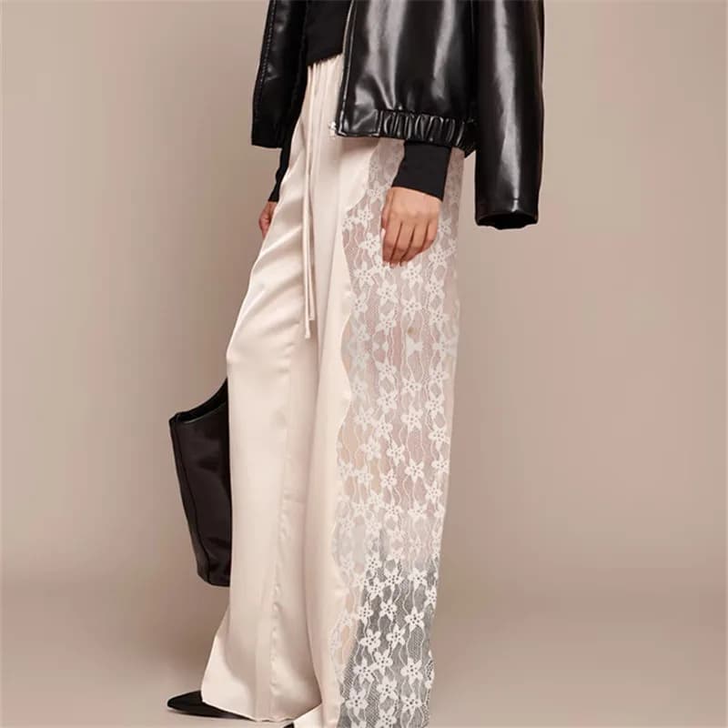 hirigin Women's Satin Wide Leg Trousers Lace Patchwork High Waisted Drawstring Lounge Pants Elegant Loose Fit Bottoms