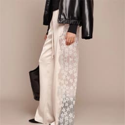 hirigin Women's Satin Wide Leg Trousers Lace Patchwork High Waisted Drawstring Lounge Pants Elegant Loose Fit Bottoms