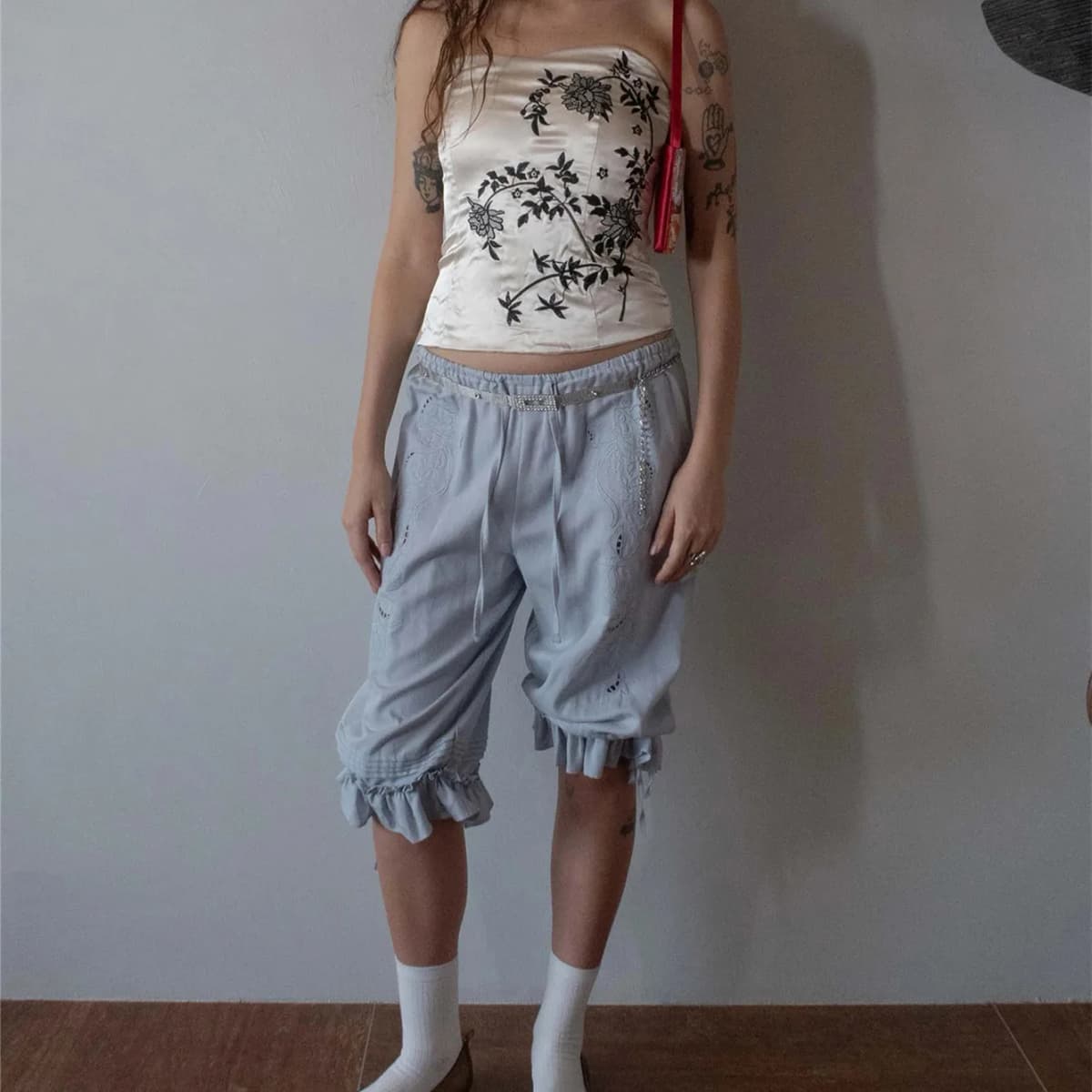 Y2K Capri Pants Drawstring High Waist Calf-Length Ruffles Lantern Trousers Women Loose Fit Bloomers Cropped Pant Vintage Cottage