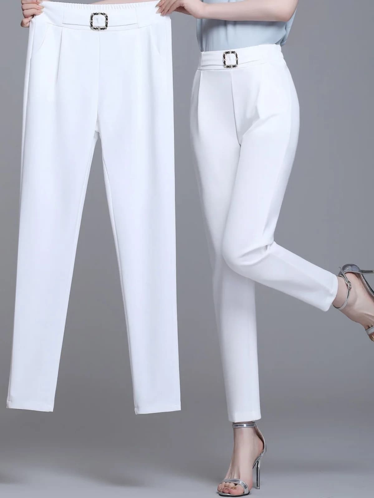 High Waist White Slim Fit Pants Women's New Style Harlan Trousers Casual Fashionable Versatile Workwear Nine Points Length