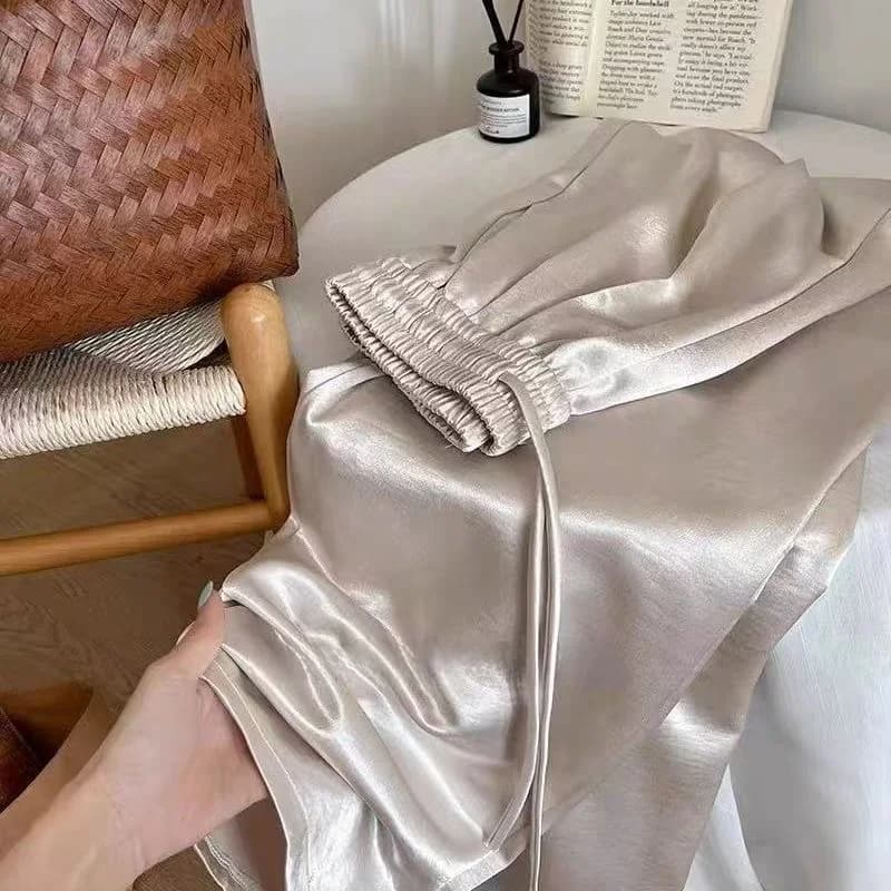 Elegant Acetate Satin Wide Leg Pants Women's Summer New High Waist Elastic Texture Drape Casual Straight Long Trousers