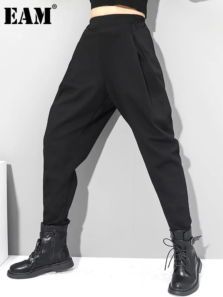 [EAM] High Elastic Waist Black Brief Long Harem Trousers New Loose Fit Pants Women Fashion Tide Spring Autumn 2026 1DC419