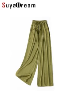 SuyaDream, Wide Leg Pants For Woman, 93%Silk 7%Spandex, Elastic Waist, 2025 Spring Summer Solid Long Trousers, Pink, Blue