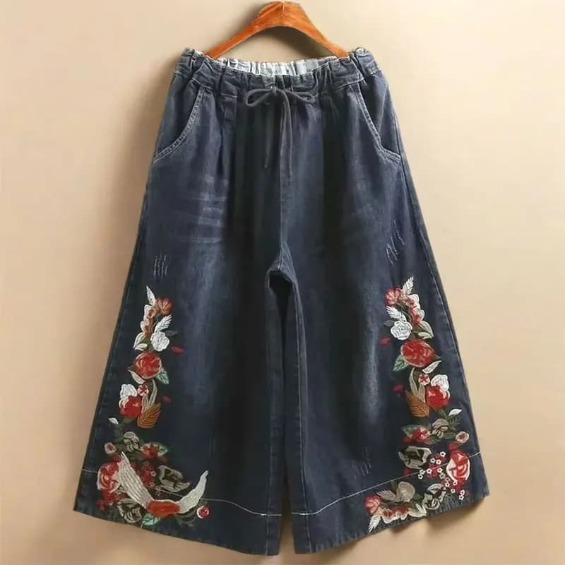 Indie Folk Embroidery Denim Vintage Elastic High Waist Loose Wide Leg Women's Pants Calf-Length Pants For Women Clothing Fashion