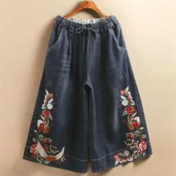 Indie Folk Embroidery Denim Vintage Elastic High Waist Loose Wide Leg Women's Pants Calf-Length Pants For Women Clothing Fashion