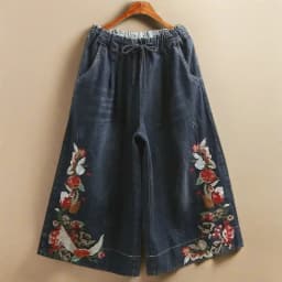 Indie Folk Embroidery Denim Vintage Elastic High Waist Loose Wide Leg Women's Pants Calf-Length Pants For Women Clothing Fashion