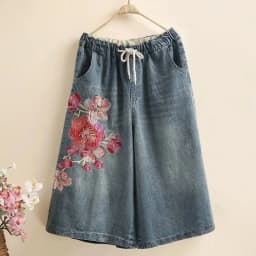 Indie Folk Embroidery Denim Vintage Elastic High Waist Loose Wide Leg Women's Pants Calf-Length Pants For Women Clothing Fashion