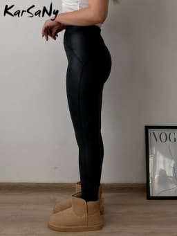 KarSaNy High Waist Fleece Winter Leather Pants For Women Beige PU Windproof Trousers Skinny Velvet Warm Pants Women Winter