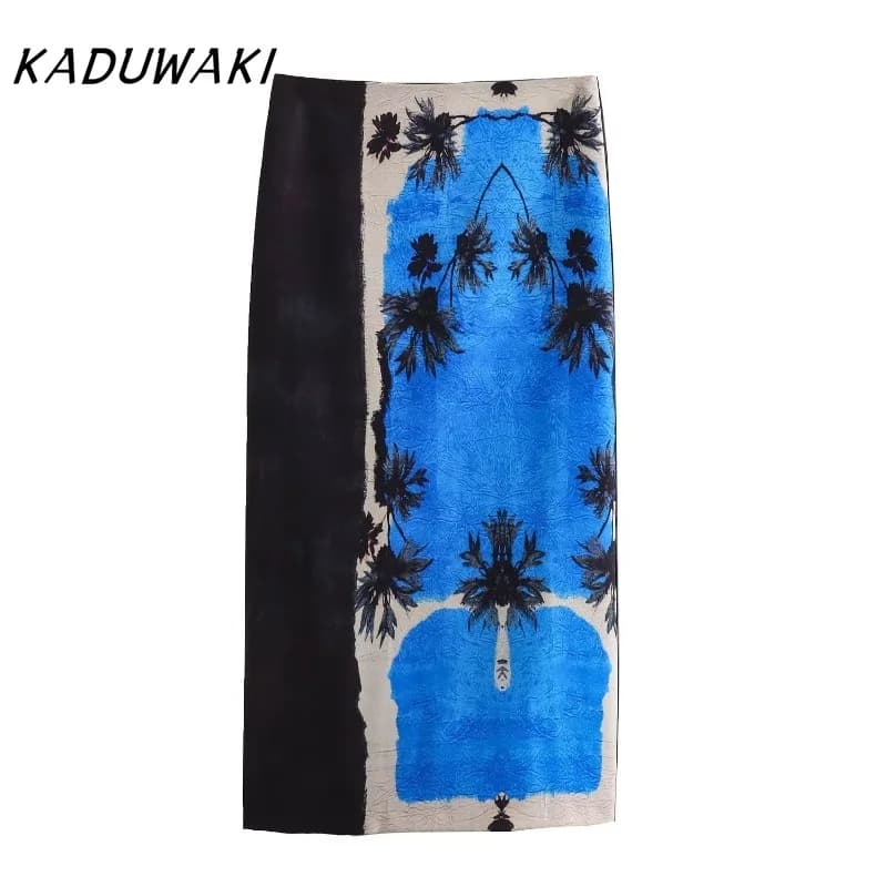 KADUWAKI Corset Summer New Fashion Holiday Printed Midi Long Skirt Zipper High Waist A Line Straight Skirts Vent Back Female Y2K