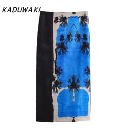 KADUWAKI Corset Summer New Fashion Holiday Printed Midi Long Skirt Zipper High Waist A Line Straight Skirts Vent Back Female Y2K