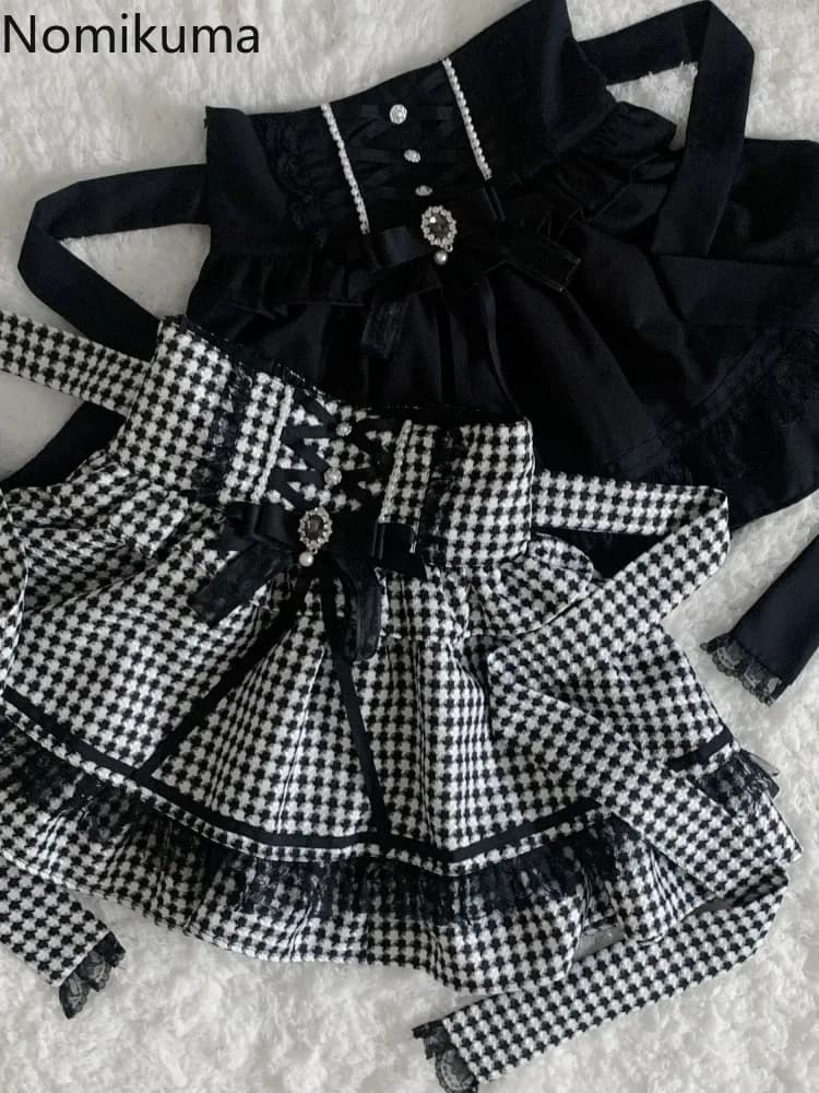 2025 Faldas Mujer De Moda Plaid Skirt for Women Sweet Japanese Jupe High Waist Bow Cute Saia Beading Bandage A-line Mini Skirts
