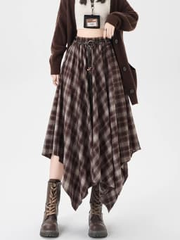 Women Skirt Plaid High Waisted Elastic A Line Mid Length Korean Style Fashion Retro Versatile Irregular Autumn Skirt