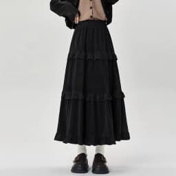 Qiukichonson Mid Long Skirts Womens Velvet Skirt 2023 Autumn Winter Korean Vintage Elastic Waist High Low Ruffle Pleated Skirts