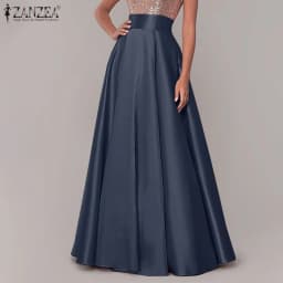 ZANZEA Women Satin Silk Black Maxi Long Skirts Elegant Luxury High Waisted A-Line Party Jupe Femme with Back Zipper Faldas Mujer