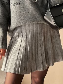 Autumn Knit White Mini Pleated Skirts For Women A Line Skirt Gray High Waist Women Knitted Pleated Short Skirts Korean Fashion