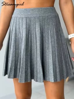 Autumn Knit White Mini Pleated Skirts For Women A Line Skirt Gray High Waist Women Knitted Pleated Short Skirts Korean Fashion
