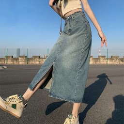 Women's High-Waist Slit Denim Skirt Retro Washed A-Line Hip-Covering Straight Long Skirt for Casual Comfortable Fit