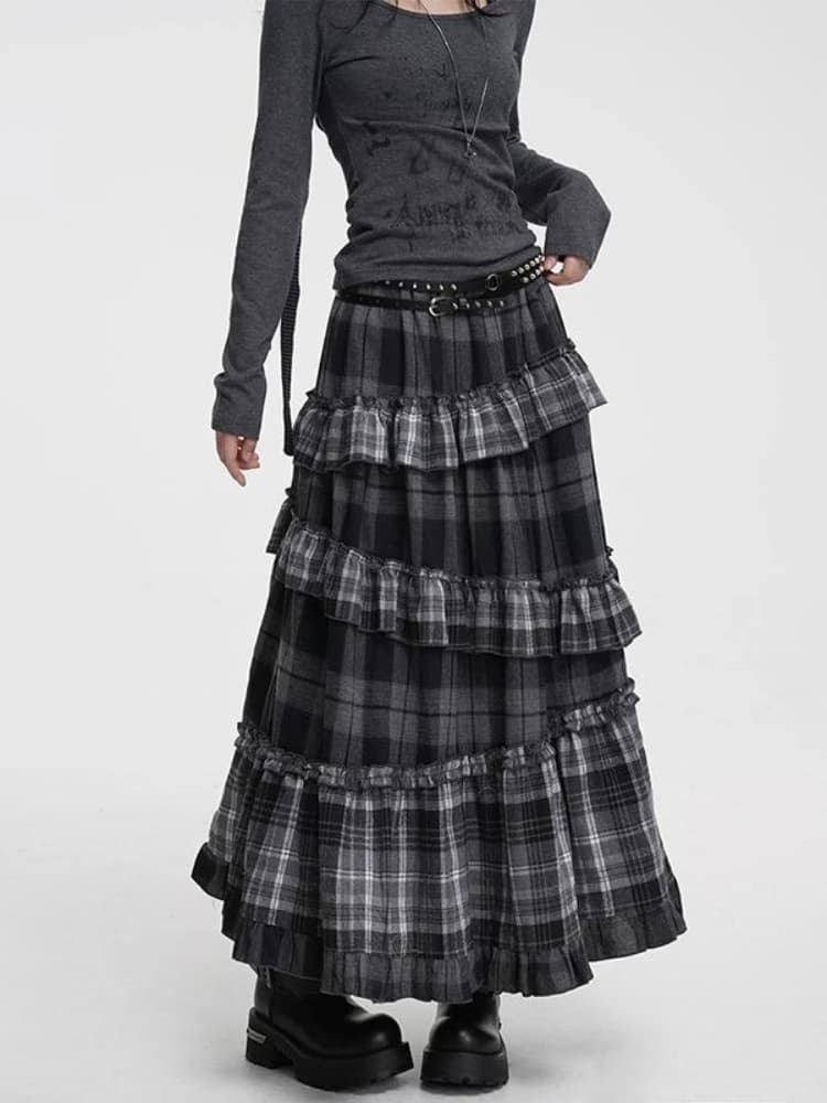 Y2k Harajuku Vintage Long Skirts Plaid Ruffles Patchwork Casual Loose Cake Skite Punk Gothic Streetwear All Match Women Clothing