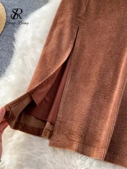 SINGREINY Women Korean Split Sexy Long Skirt 2024 Winter Corduroy Slim Thick Streetwear Fashion Vintage Autumn Bodycon Skirt