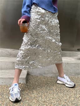 CHEERART Metallic Long Silver Skirt For Women Summer Texture Ruched High Fashion A Line Glitter Slit Midi Skirt Designer Clothes