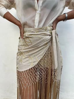 HH Women's Fashion Embroidered Sexy Tassel Spliced Skirt Female Temperament High Waist Knot Asymmetrical Casual Midi Skirt
