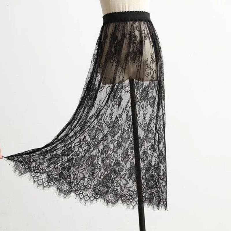 Transparent Sexy Lace Mesh Skirt Elastic High Waist Black White Tulle Mini Skirts Womens Skirt Korean Fashion