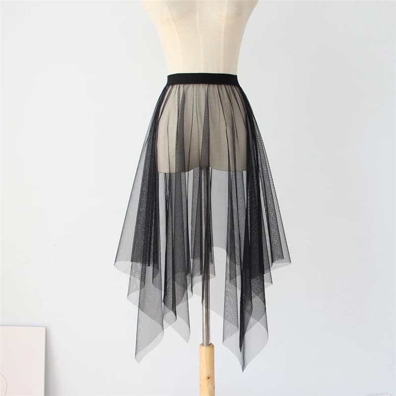 Black White Long Tulle Lace Mesh Skirt Women Petticoat Underskirt Summer Korean Irregular Cover Up Skirt Tutu Skirt For Girl