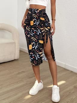 Women's Solid Adjustable Drawstring Ruched Split Thigh Bodycon Skirt Fitted Fashion Chic Girls Skirt Casual Knee Length Skirt