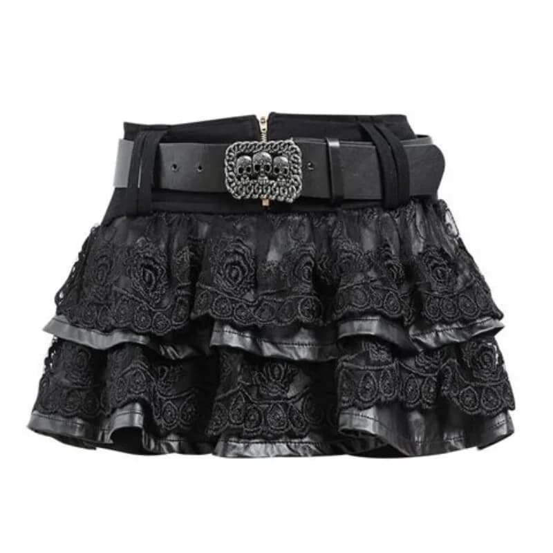 Punk Gothic Skirts Low Waist Solid Color Lace Patchwork Belt Mini Skirt Y2k Harajuku Streetwear Female Slim Women Clothing 2025