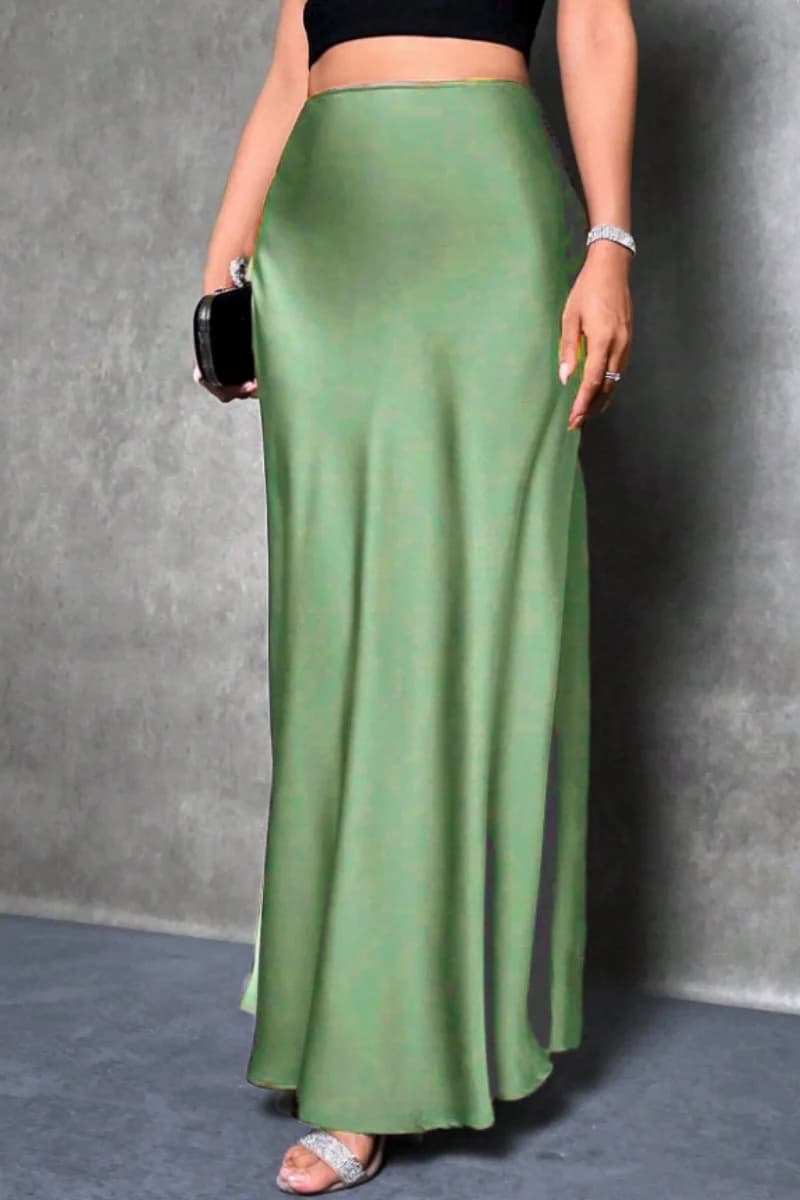 Elegant silk-like satin A-line midi skirt with high waist and mermaid tail for women in spring and summer