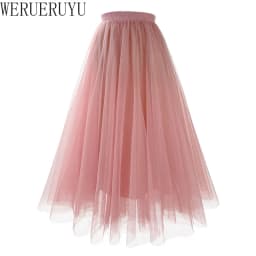 New Mesh Gauze Pleated A-line Skirt Kawaii Prom Clothes for Women Summer High Waist Pink White Blue Midi Tulle Skirts Woman 2023