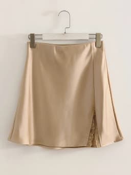 Summer Wiomen's Satin Lace Mini Slip Skirt Brown High Waist A-Line Bodycon Silk Short Skirts Slit Mini Skirt Satin Black Women