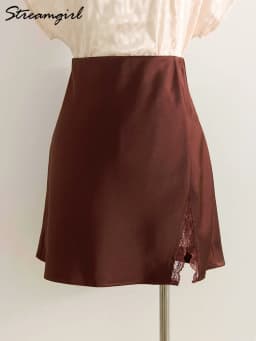 Summer Wiomen's Satin Lace Mini Slip Skirt Brown High Waist A-Line Bodycon Silk Short Skirts Slit Mini Skirt Satin Black Women