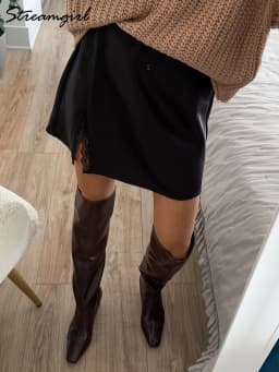 Summer Wiomen's Satin Lace Mini Slip Skirt Brown High Waist A-Line Bodycon Silk Short Skirts Slit Mini Skirt Satin Black Women