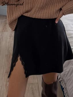 Summer Wiomen's Satin Lace Mini Slip Skirt Brown High Waist A-Line Bodycon Silk Short Skirts Slit Mini Skirt Satin Black Women