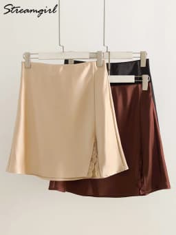 Summer Wiomen's Satin Lace Mini Slip Skirt Brown High Waist A-Line Bodycon Silk Short Skirts Slit Mini Skirt Satin Black Women