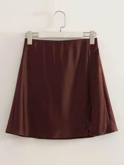 Summer Wiomen's Satin Lace Mini Slip Skirt Brown High Waist A-Line Bodycon Silk Short Skirts Slit Mini Skirt Satin Black Women