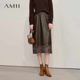 AMII Women's Skirt 2026 Autumn New Minimalist Versatile Clothing Ladies Leather Splicing Lace Solid A-line Midi Skirt 12543095