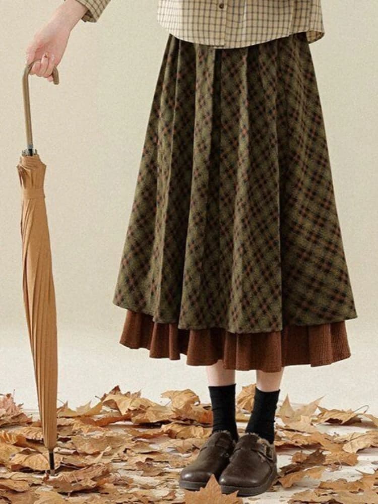 Korobov Vintage Jacquard Preppy Winter Plaid Folds All Match A-LINE Patchwork Woman Skirts