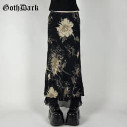 Goth Dark Y2K Aestheics Double Layer Mesh A-line Skirt Women Fashion Florals Print Slim Skirts Fairy Streetwear Gothic Bottoms