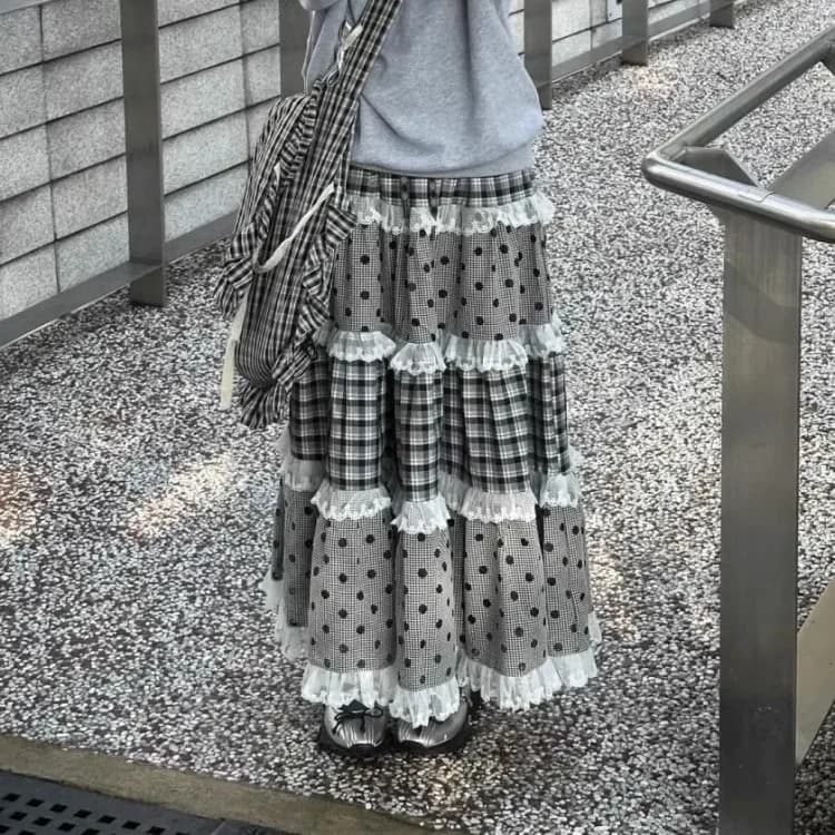 Elegant Retro Plaid Wave Point Skirts Lace Patchwork Ruffles A-line Skirt for Women Harajuku All-match Falda Sexy Mujer