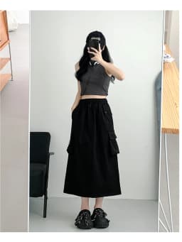 American Retro Workwear Skirt High Waist A-Line plus Size Grey Slimming Midi Length Women's Fashion Spring Autumn Season