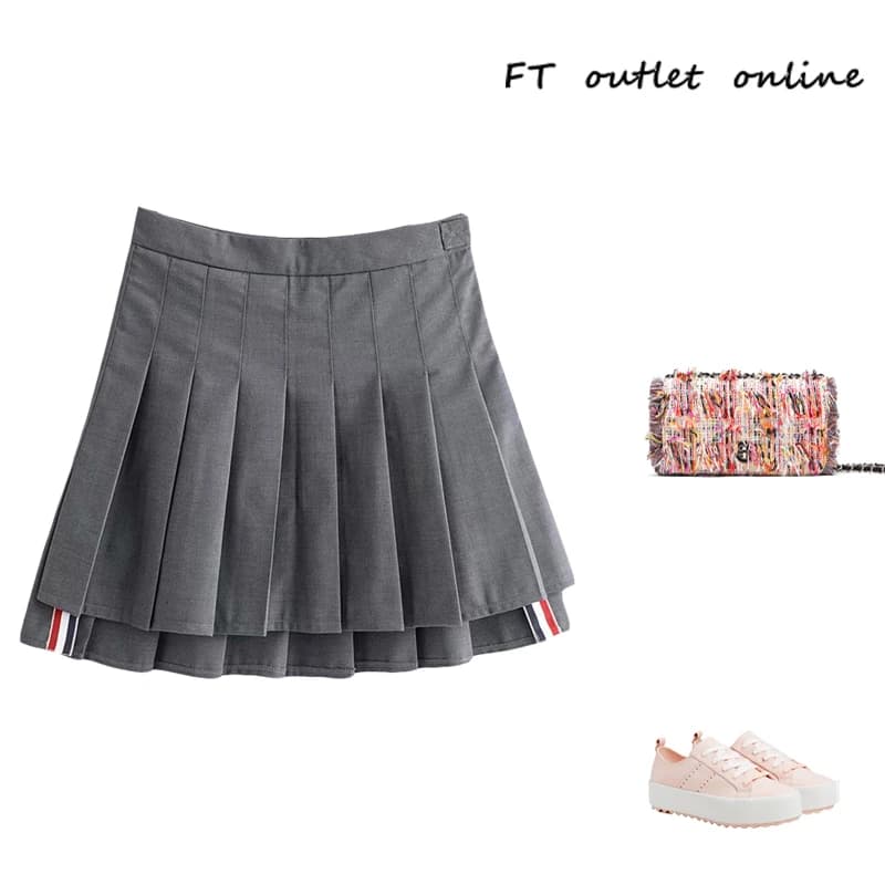Retro American High Waist A-Line  Skirt Women's Summer Gingham Pleated Skirt Street Style Button Splice Pure Color