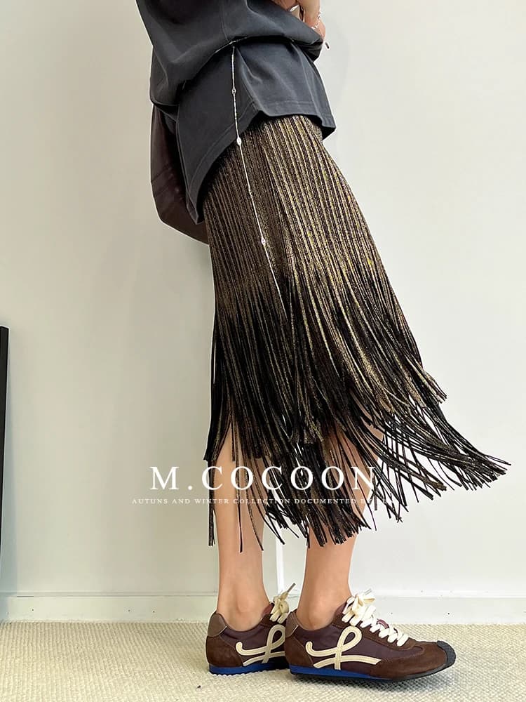 Miyake Pleated 2025 Autumn New Fringed And Gold-embossed Skirt, a Niche, Flowing And Form-fitting Dress