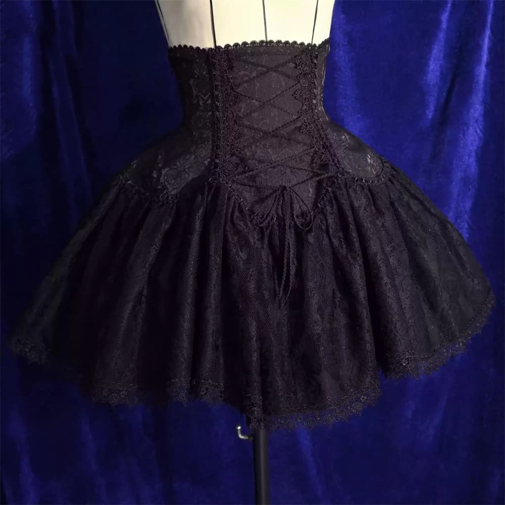 2025 Lolita Subculture Black White Short SK Lace Skirt High Waist Lace Up Girls Birthday Gothic Victorian Cosplay Party Skirts