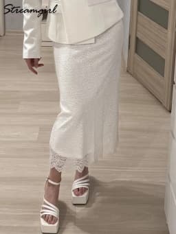 White Lace Skirt Maxi Bodycon Women Summer Office Wear Elegant Formal Skirts With Lace Lady Elastic Waist Lace Black Skirt Long
