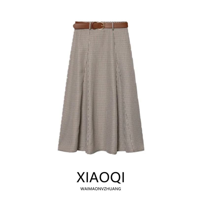 Winter New Women's Checkered Midi Skirt with Belt Half-length Cowl Neck Design Commute Style High Waist Loose Fit A-Line Skirt