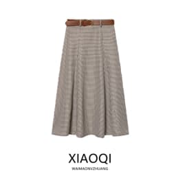 Winter New Women's Checkered Midi Skirt with Belt Half-length Cowl Neck Design Commute Style High Waist Loose Fit A-Line Skirt