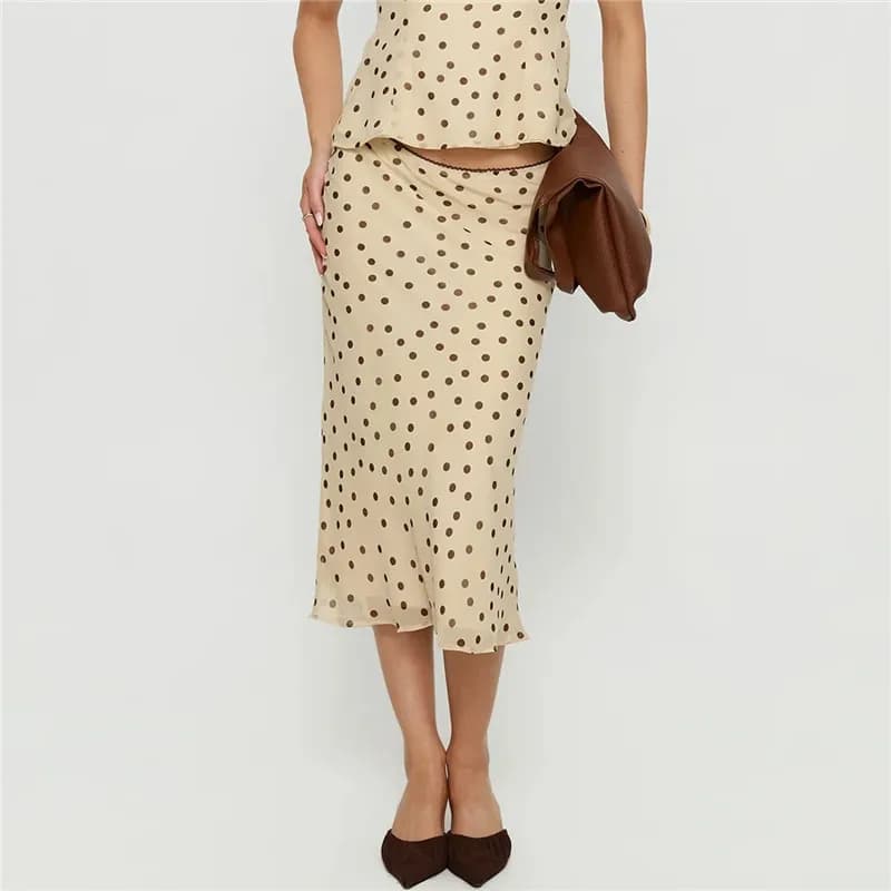 Retro High Waist Polka Dot Chiffon Midi Skirt for Women Ruffle Hem Flowy Mermaid Long Skirt for Daily Office Vacation Streetwear