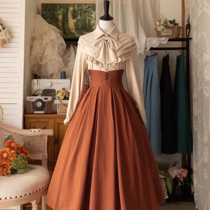 Vintage Victorian Lolita Midi Skirt Women Elegant Sweet Y2k Button Slim A-Line Long Skirts Japanese Female Classical Party Skirt